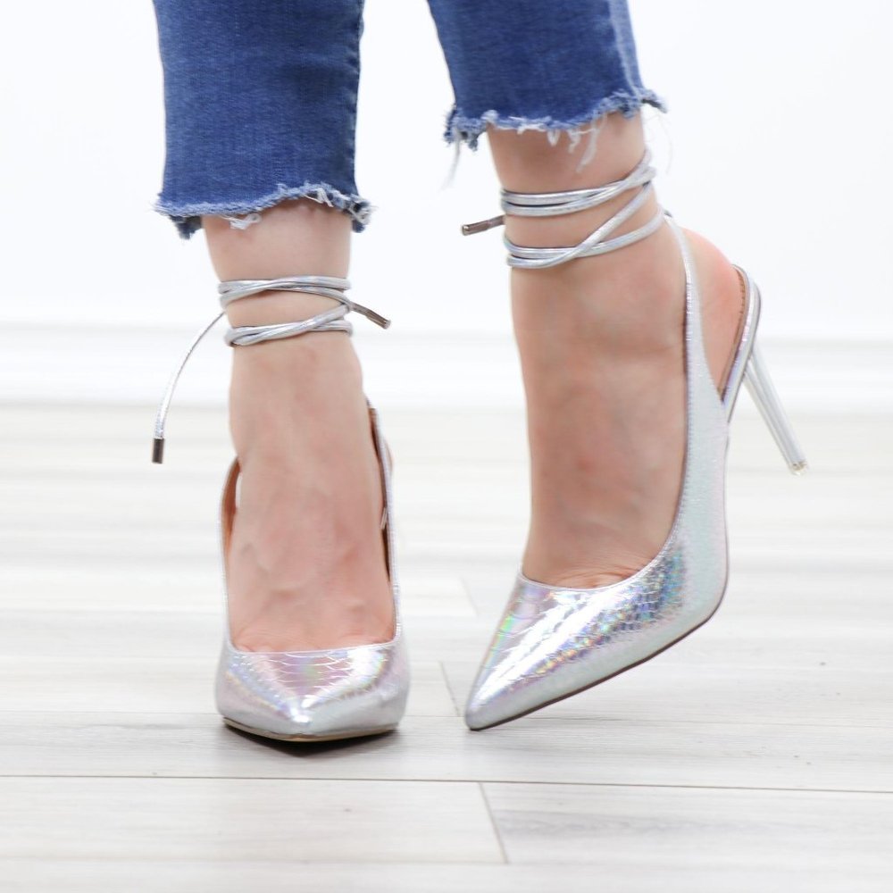 Holograpic Ankle Lace Strap Pointy Toe High Heel - Picture 10 of 16